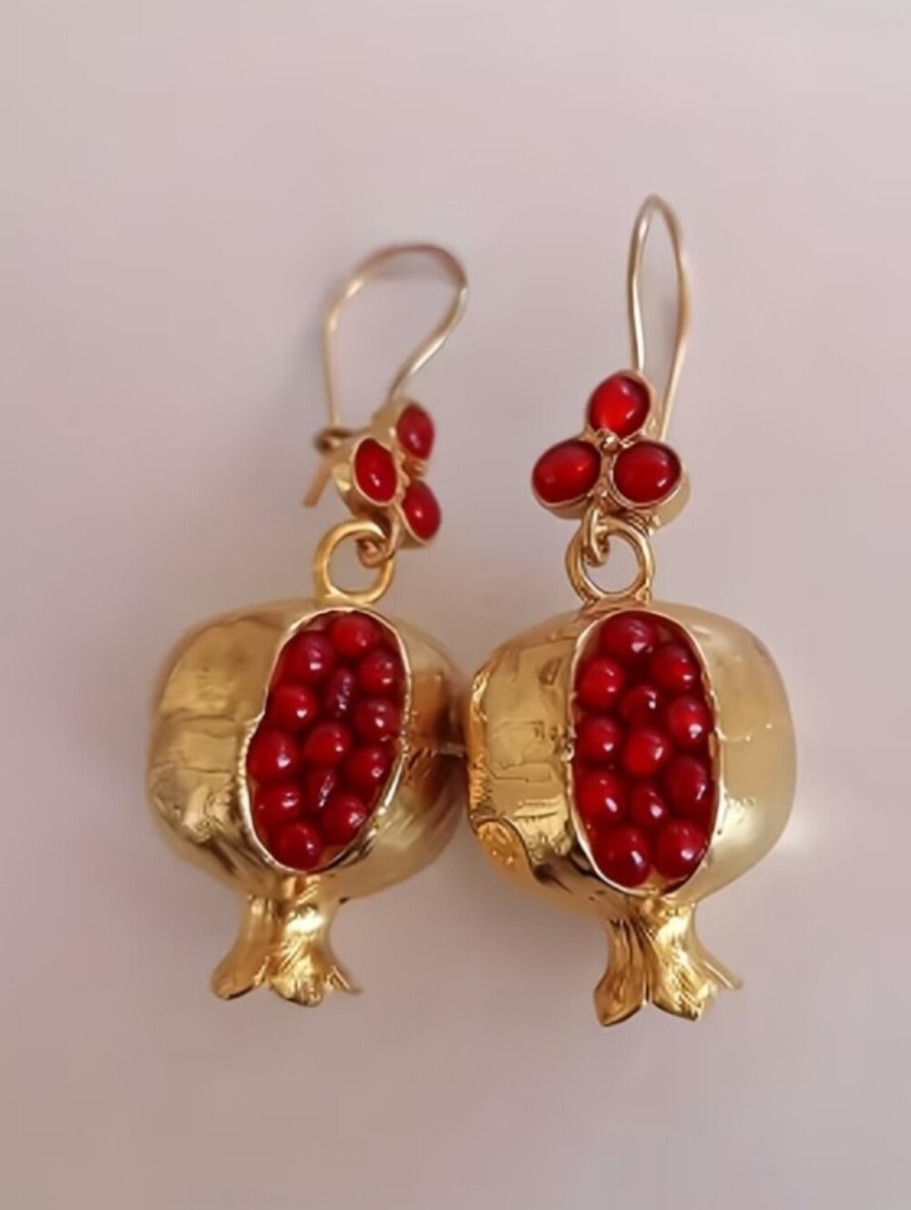 NEW! 14K Gold Plated and Red Pomegranate Dangle Drop Leverback Earrings